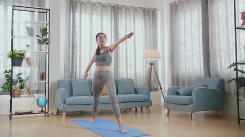 Asian Athletic Female Exercising, Stretching And Practicing Yoga At Home. Healthy Lifestyle, Fitness