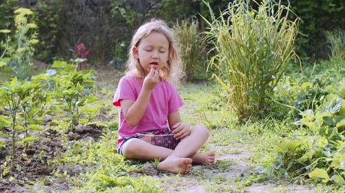 Child Enjoying Fresh Berries in a Garden