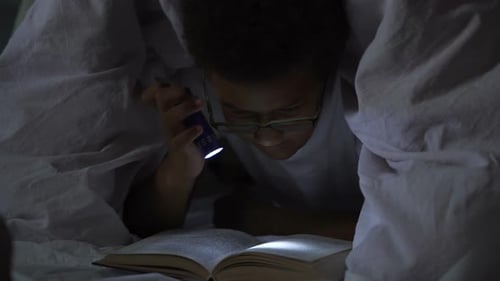 Young Dreamer Reading Adventure Books Lying Under Blanket With Flashlight