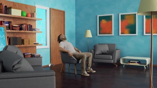 Man Flying Away on Jet Armchair