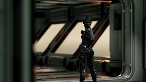 Sexy Futurictic Astronaut in the Space Station