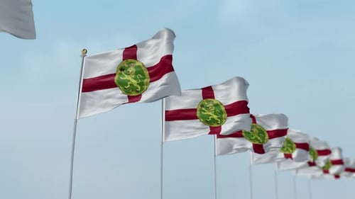 Multiple Waving Flags Against a Clear Blue Sky