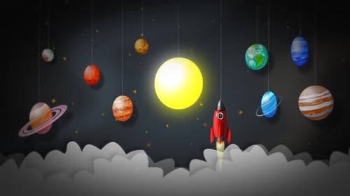 Animated Cartoon Solar System with Rocket and Hanging Planets