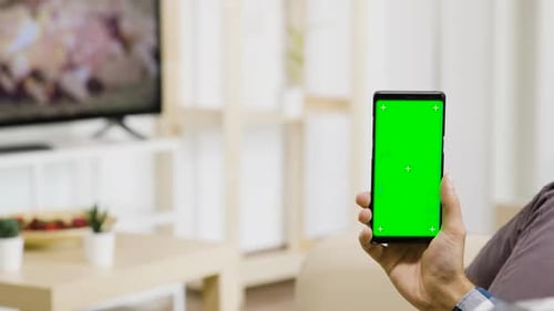 Holding Vertically a Green Screen Phone in Hands in Modern and Well Lit Living Room