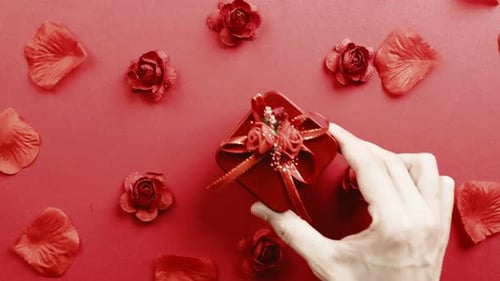 Hand Places a Red Gift Box on Red Background