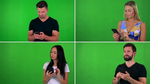Compilation (Montage) - People Work on Mobile Phone and Smile - Green Screen