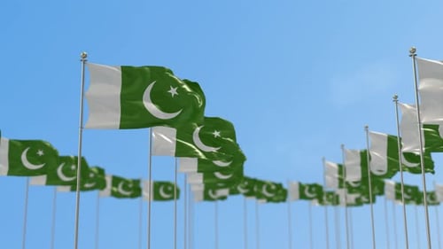 Waving Pakistan Flags Against Blue Sky