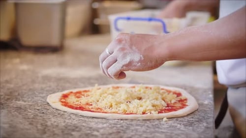 Real Pepperoni Pizza, Cooking Method, Italian Cook Makes Real Italian Pizza From the Dough with His