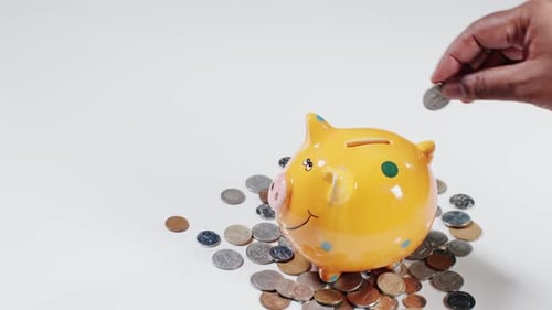 Hand Drops A Quarter In A Piggy Bank