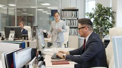 Businesswoman Talking to Male CEO in Office
