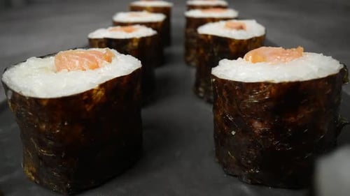 Close Up of Salmon Sushi Rolls