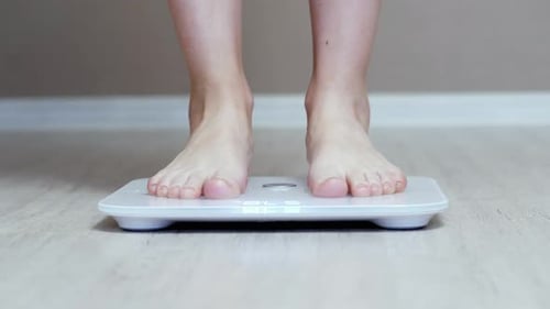 Daily Weight Measurement, Female Legs Stand on Digital Smart Scales