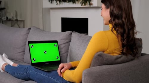 Green Screen Laptop Smiling Woman Watching Comedy Movie or TV Series Laughs