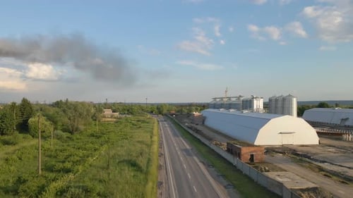 Aerial View of Industrial Ventilated Silos for Long Term Storage of Grain and Oilseed