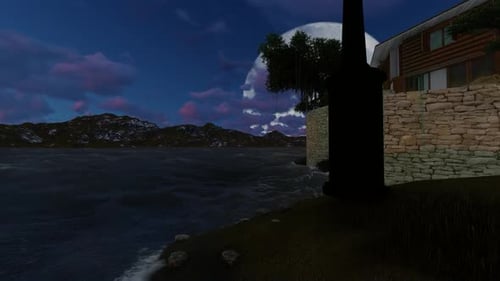 Full Moon Rising Over Lake Shore at Night