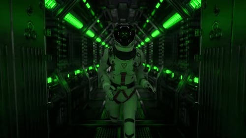 Astronaut Runs Through a Tunnel to Another Compartment of the Space Gate