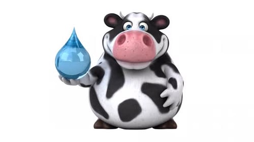 Animated Cartoon Cow Character Holding Water Drop