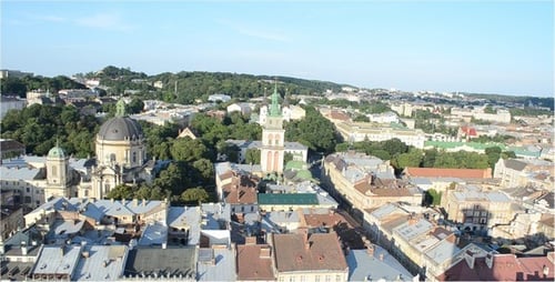 Aerial View of City Rooftops and Historic Architecture
