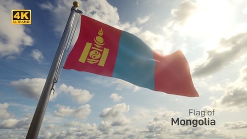 Mongolia Flag Waving against Sunny Blue Sky with Clouds