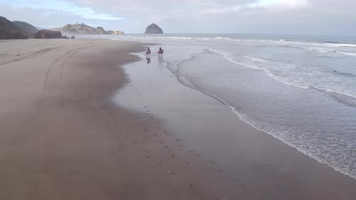 Aerial view of women riding horses at beach