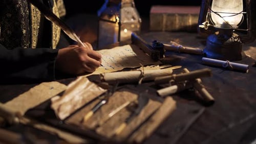 Man Writing with Quill by Lantern Light