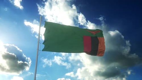 Zambia Flag Waving in Realistic Wind Against Cloudy Sky