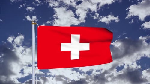 Realistic Switzerland Flag Waving Against Blue Sky