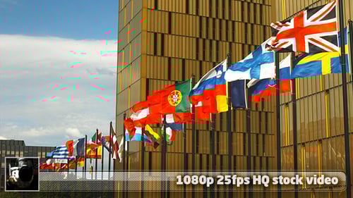 International Flags Fluttering in Front of Golden Building