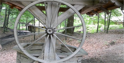 Old Wooden Well with Turning Water Wheel