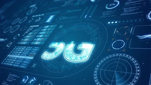 3D Blue digital 5G logo with HUD background and futuristic technology abstract background