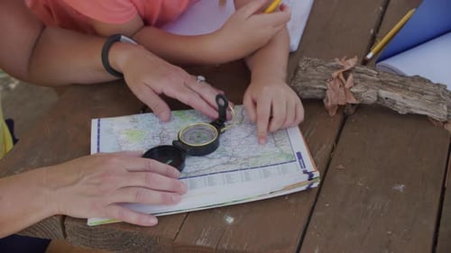 Kids at outdoor school looking at compass