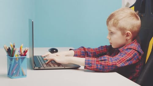 The Boy Works on a Laptop