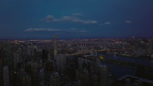 Aerial Panoramic View of Busy Queensboro Bridge Over East River