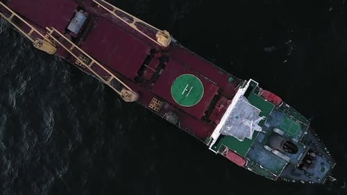 Aerial Zoom in View Bulk Carrier in Open Sea