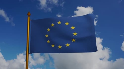European Union Flag Waving Against Blue Sky Animation
