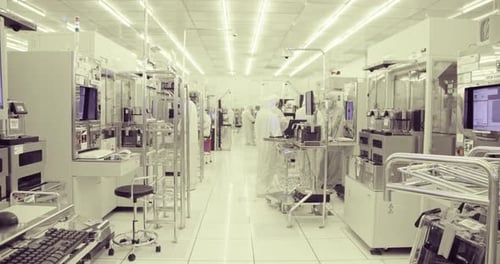Trabalhadores em trajes limpos em uma fábrica de semicondutores