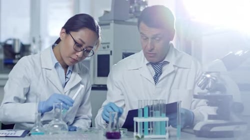 Zwei Wissenschaftler arbeiten mit Reagenzgläsern
