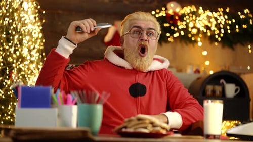 Man in Santa Costume Reacting to Device