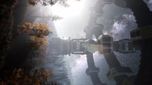 UFO Hovering Over a Forest at Night with Light Beam