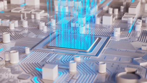 Datenfluss in einem Motherboard im PC. Prozessor zwischen Schaltungen und Elektronik.
CPU