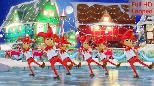 Animated Christmas Elves Dance in Snowy Festive Village