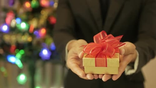 Man Presents Christmas Gift Near Christmas Tree