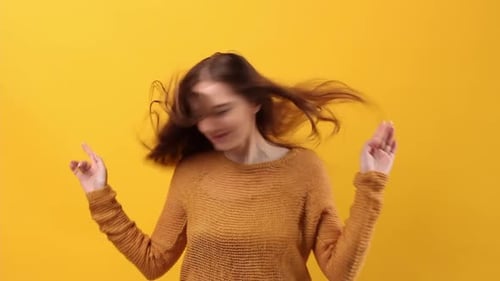 Young Beautiful Woman Caucasian Ethnicity Yellow Sweater Dancing Studio
