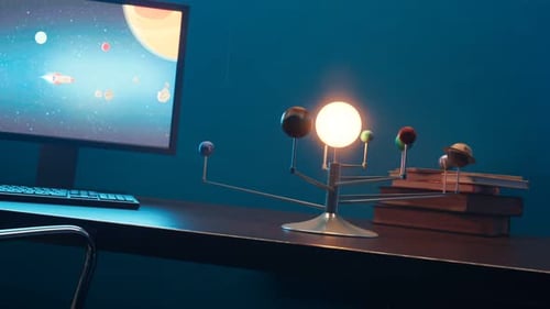 Spielzeug Animation des Sonnensystems Planeten auf den sich drehenden Armen, die sich um die Sonne drehen