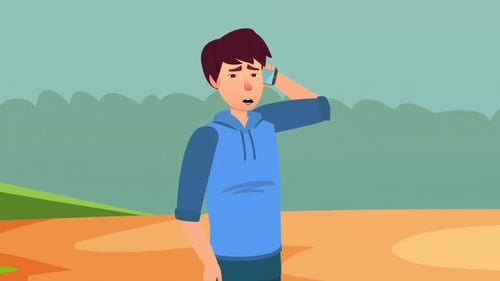 Animated Man on Phone Call with Concerned Expression