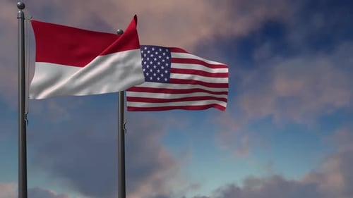 Indonesia and USA Flags Waving Against Cloudy Sky