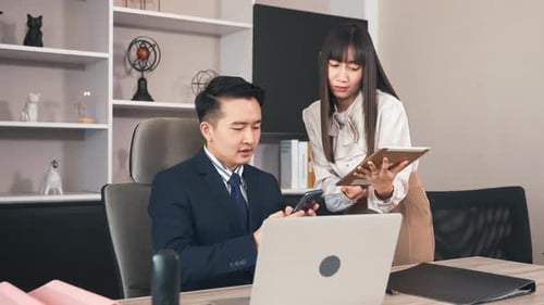 Secretary with tablet documents woman she making financial reports calculating to manager