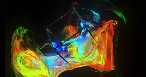 Abstract cube and colorful iridescent particle flow.