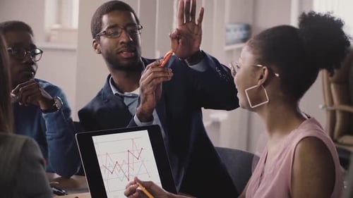 African American Business People Talk, Show Gestures and Communicate at Office Meeting, Looking at