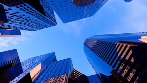 Render 3D de una ciudad brillante abstracta con rascacielos. Formas simples de edificios